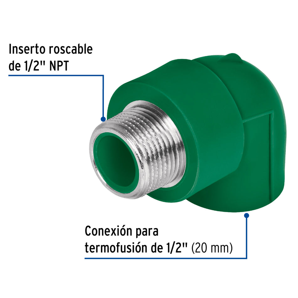 Codo 90° PPR, 1/2', rosca macho con inserto metálico, Foset Caja con 10, 49855