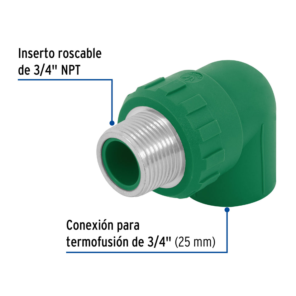 Codo 90° PPR, 3/4', rosca macho con inserto metálico, Foset Caja con 10, 49856