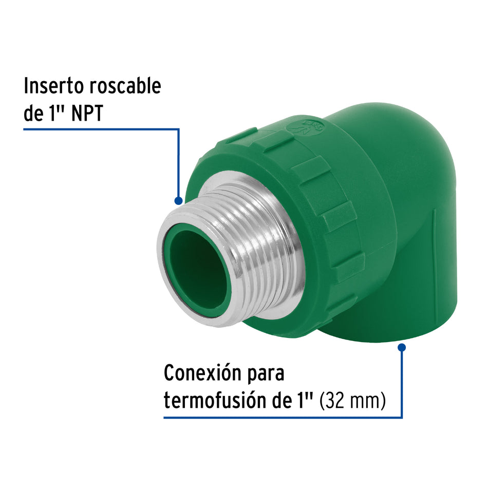 Codo 90° PPR, 1', rosca macho con inserto metálico, Foset Caja con 10, 49857