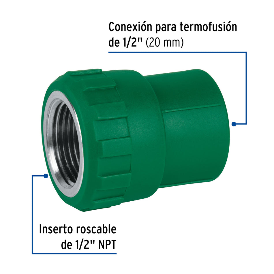 Adaptador PPR 1/2' hembra con inserto metálico, Foset Caja con 10, 49885