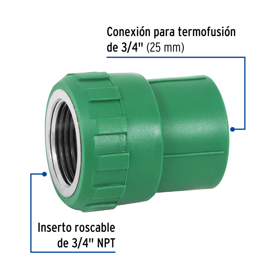 Adaptador PPR 3/4' hembra con inserto metálico, Foset Caja con 10, 49886