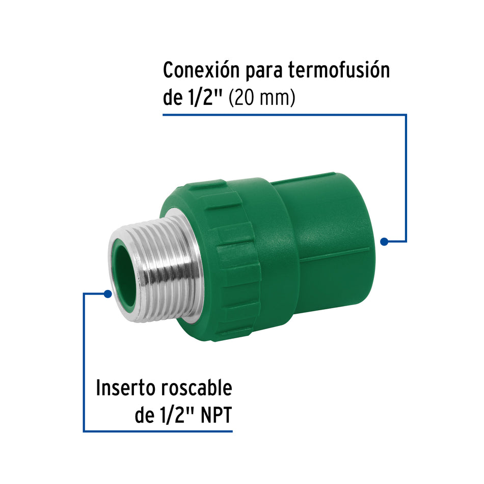 Adaptador PPR 1/2' macho con inserto metálico, Foset Caja con 10, 49879