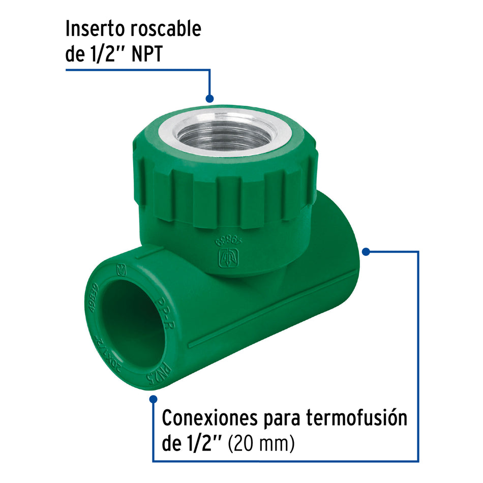 Tee hembra de PPR 1/2' con inserto metálico, Foset Caja con 10, 49839