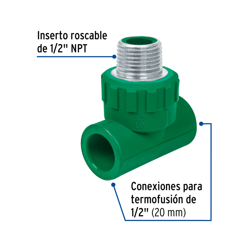 Tee macho de PPR 1/2' con inserto metálico, Foset Caja con 10, 49838