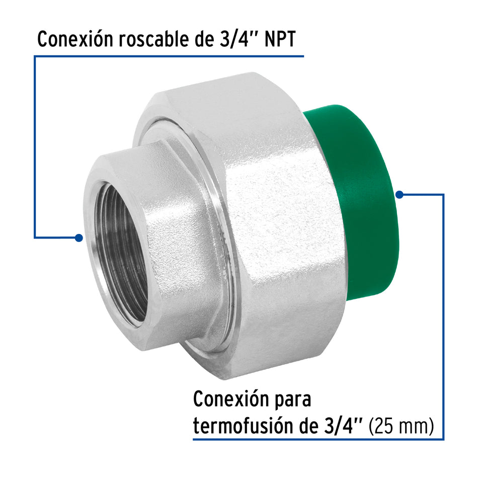 Tuerca unión PPR, mixta inserto metálico, 3/4', Foset Caja con 10, 49817