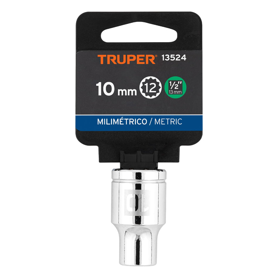Dado de 10 mm, 12 puntas, cuadro 1/2', Truper Caja con 6, 13524