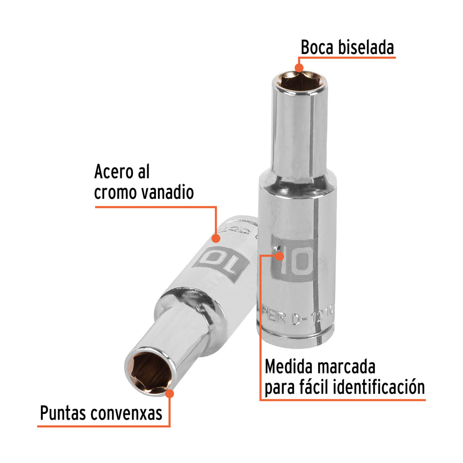 Dado largo de 10 mm, 6 puntas, cuadro 1/2', Truper Caja con 6, 13350