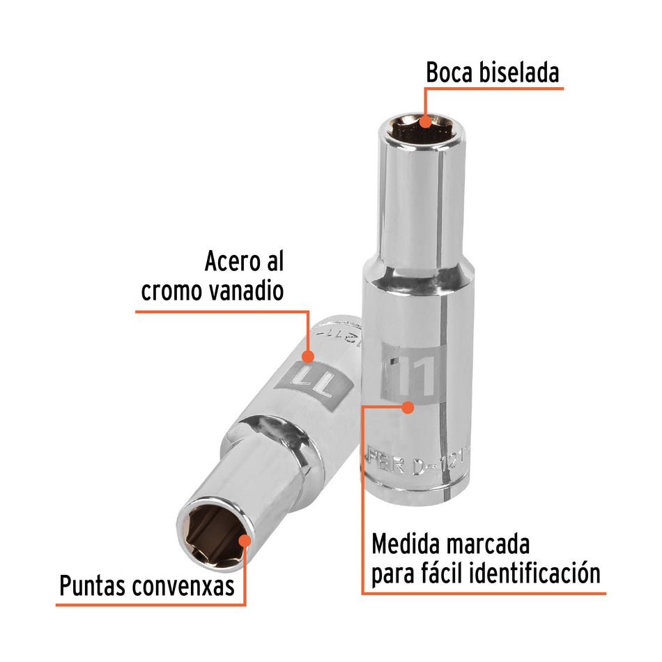 Dado largo de 11 mm, 6 puntas, cuadro 1/2', Truper Caja con 6, 13351