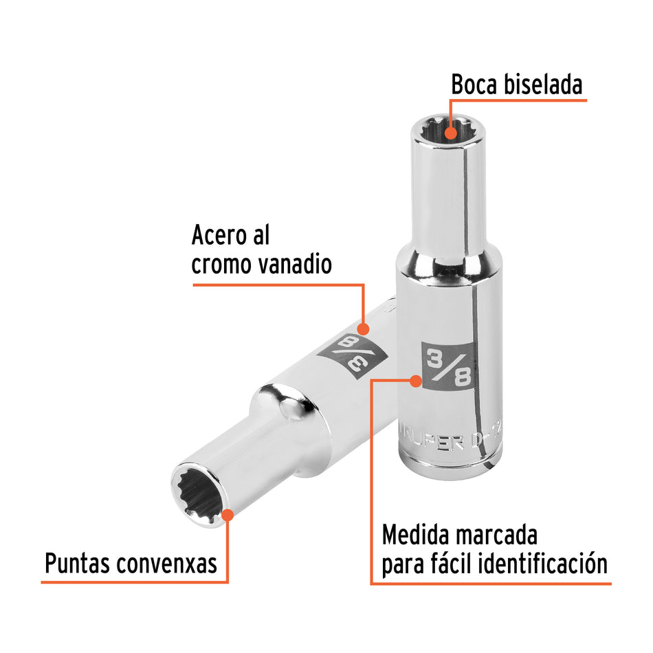 Dado largo de 3/8' 12 puntas, cuadro 1/2', Truper Caja con 6, 101002