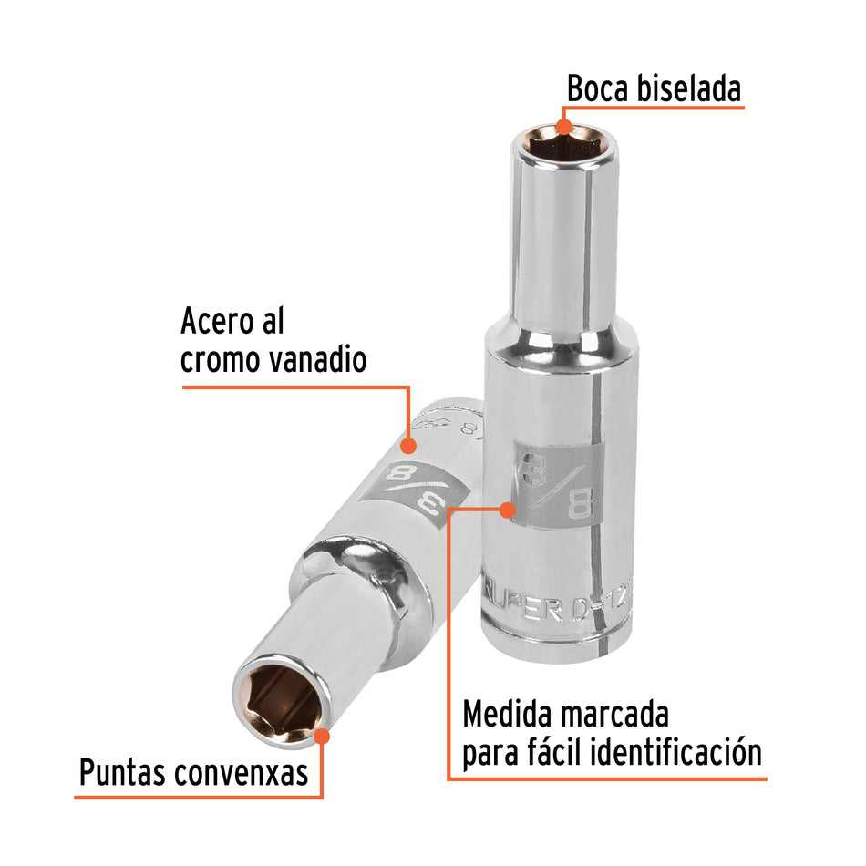 Dado largo de 3/8', 6 puntas, cuadro 1/2', Truper Caja con 6, 13323