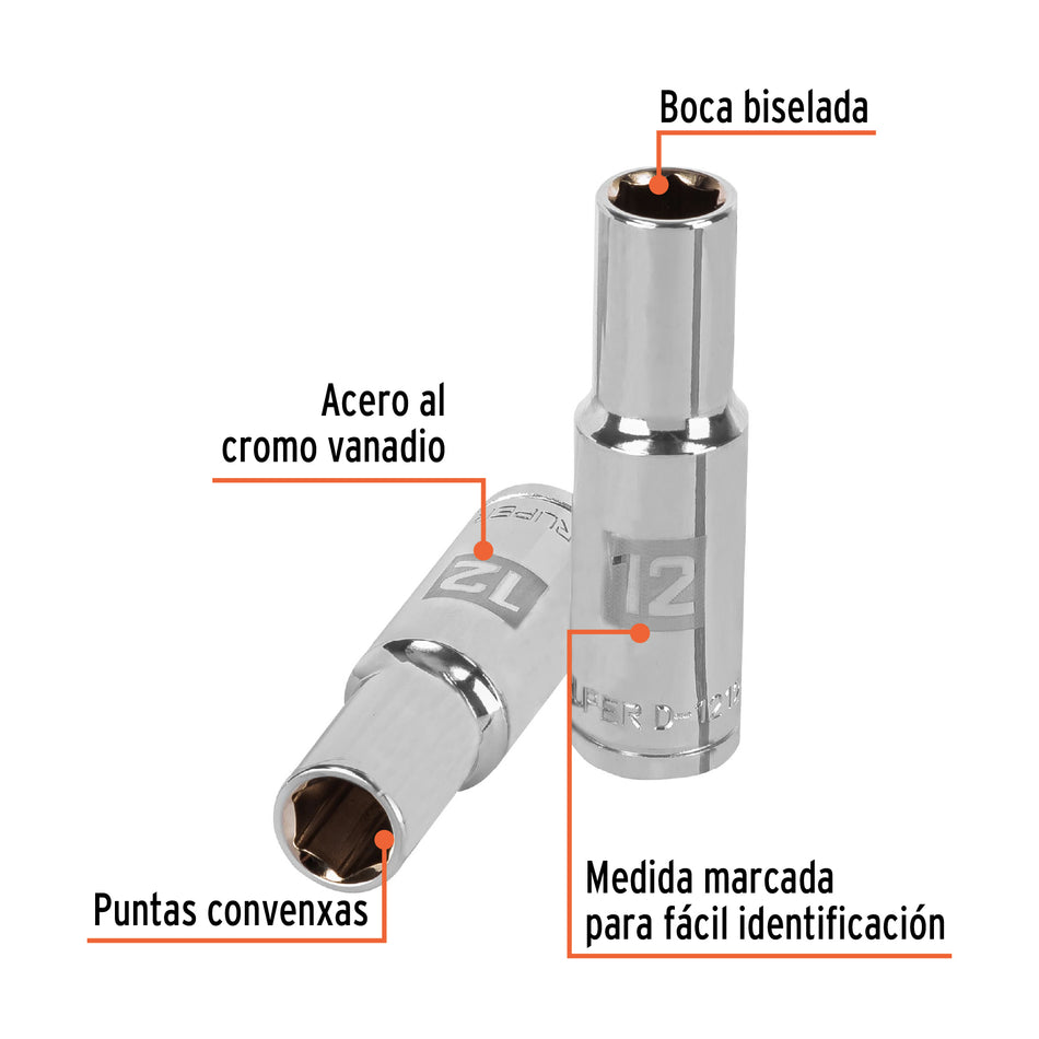 Dado largo de 12 mm, 6 puntas, cuadro 1/2', Truper Caja con 6, 13352