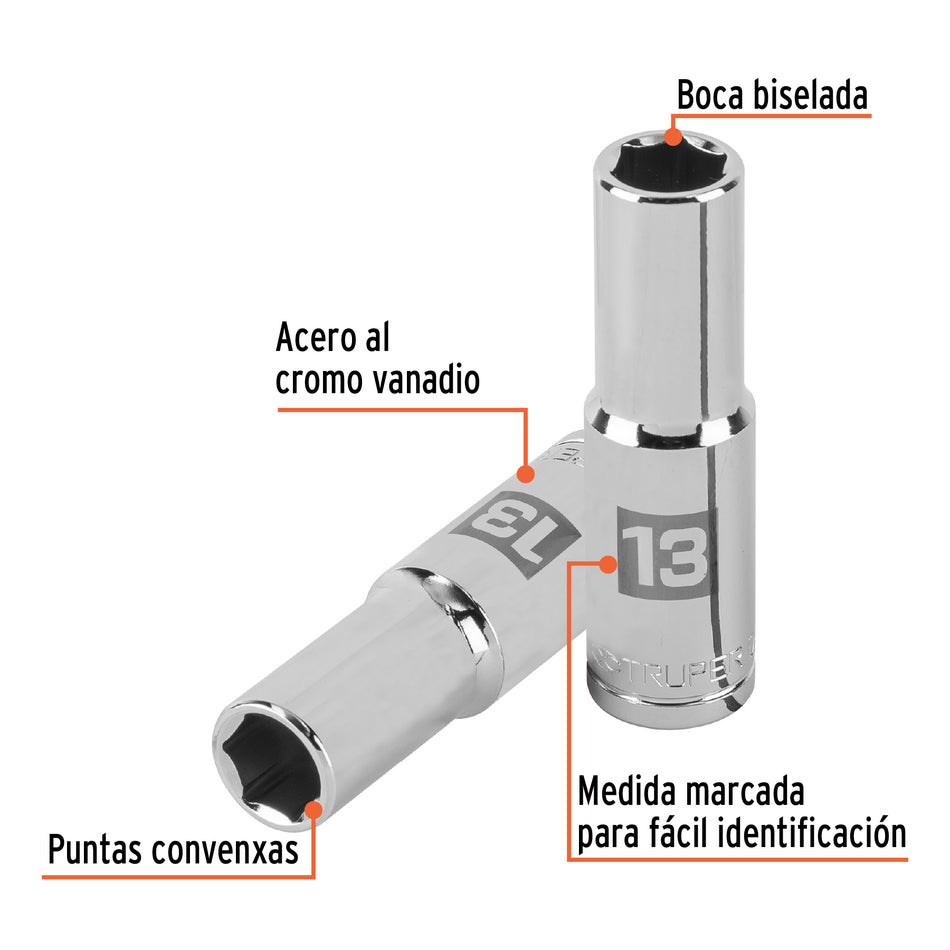 Dado largo de 13 mm, 6 puntas, cuadro 1/2', Truper Caja con 6, 13353