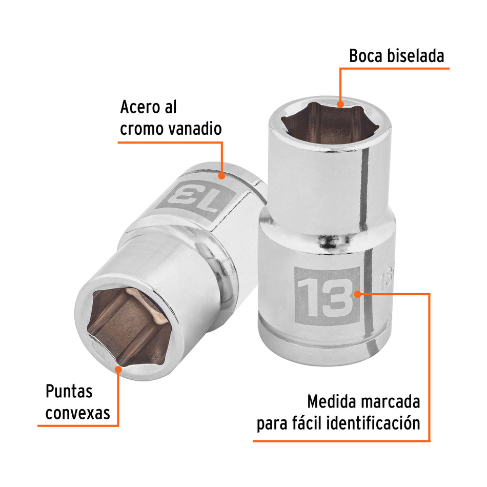 Dado de 13 mm, 6 puntas, cuadro 1/2', Truper Caja con 6, 13263
