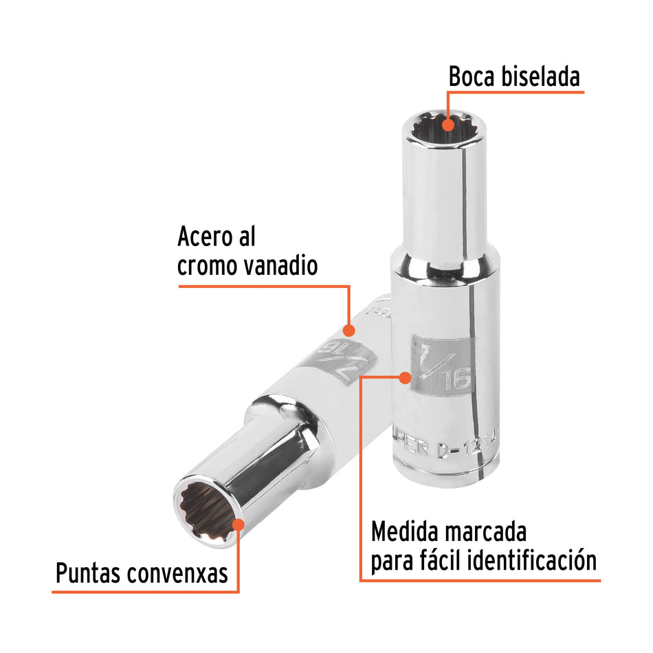 Dado largo de 7/16' 12 puntas, cuadro 1/2', Truper Caja con 6, 101003