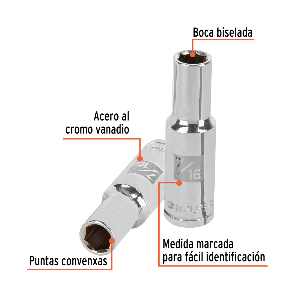 Dado largo de 7/16', 6 puntas, cuadro 1/2', Truper Caja con 6, 13324