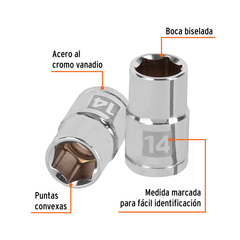 Dado de 14 mm, 6 puntas, cuadro 1/2', Truper Caja con 6, 13264