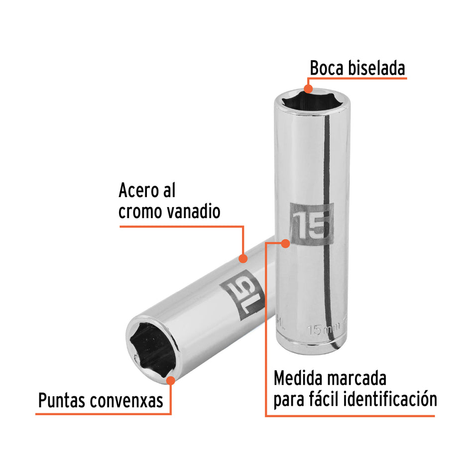 Dado largo de 15 mm, 6 puntas, cuadro 1/2', Truper Caja con 6, 13355