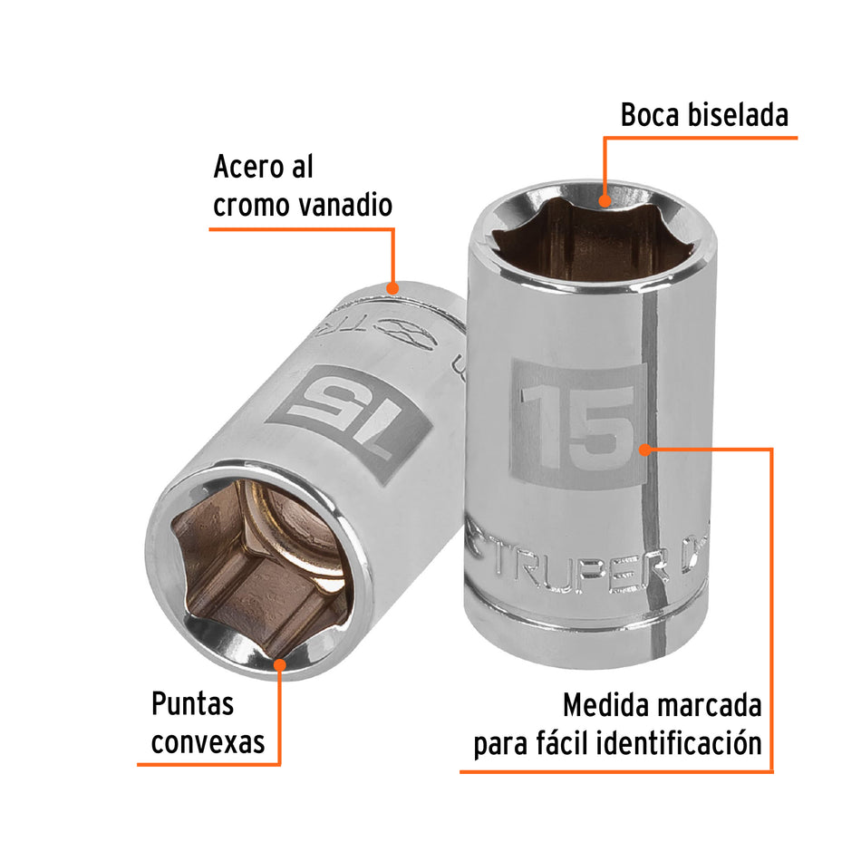 Dado de 15 mm, 6 puntas, cuadro 1/2', Truper Caja con 6, 13265