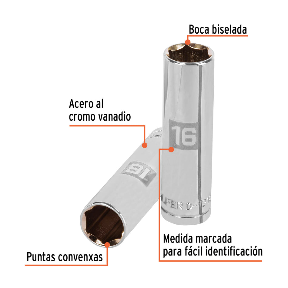 Dado largo de 16 mm, 6 puntas, cuadro 1/2', Truper Caja con 6, 13356