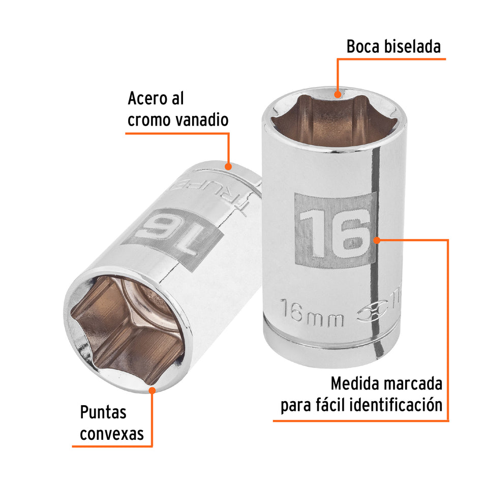 Dado de 16 mm, 6 puntas, cuadro 1/2', Truper Caja con 6, 13266