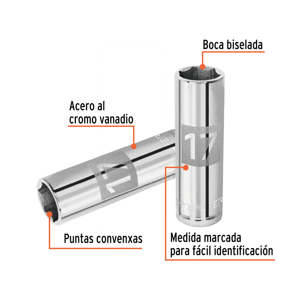 Dado largo de 17 mm, 6 puntas, cuadro 1/2', Truper Caja con 6, 13357