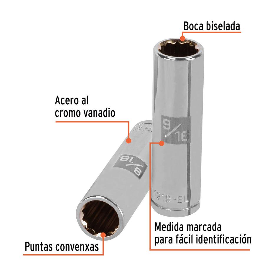 Dado largo de 9/16', 12 puntas, cuadro 1/2', Truper Caja con 6, 13361