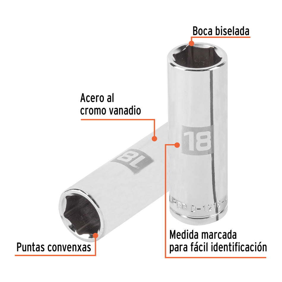 Dado largo de 18 mm, 6 puntas, cuadro 1/2', Truper Caja con 6, 13358
