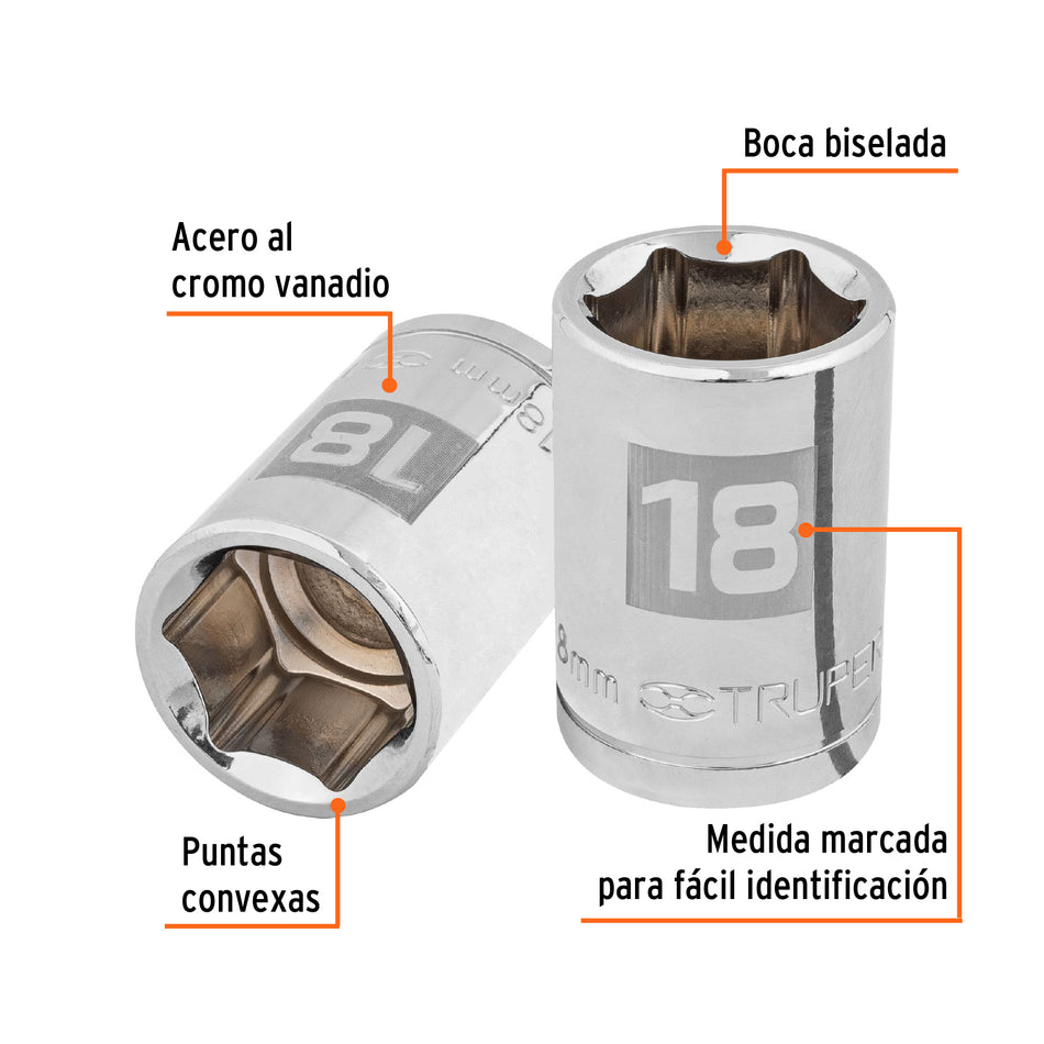 Dado de 18 mm, 6 puntas, cuadro 1/2', Truper Caja con 6, 13268