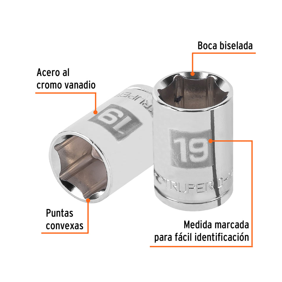 Dado de 19 mm, 6 puntas, cuadro 1/2', Truper Caja con 6, 13269