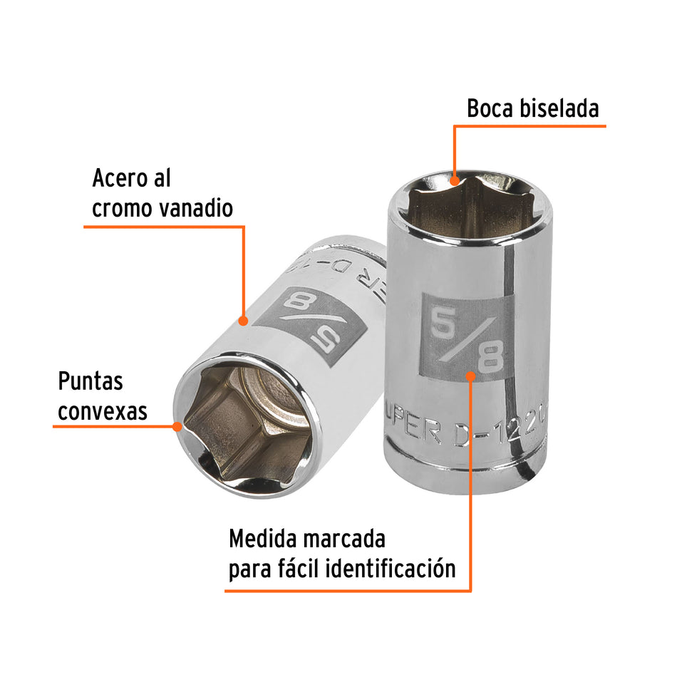 Dado de 5/8', 6 puntas, cuadro 1/2', Truper Caja con 6, 13234