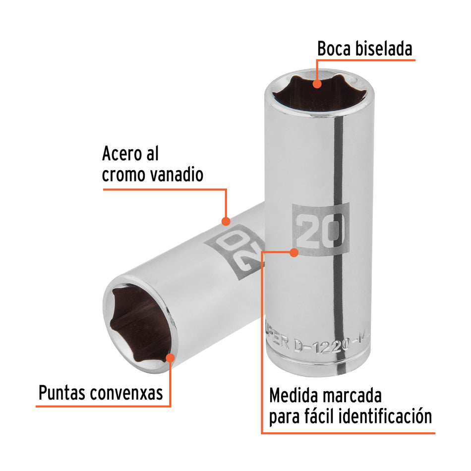 Dado largo de 20 mm, 6 puntas, cuadro 1/2', Truper Caja con 6, 101008
