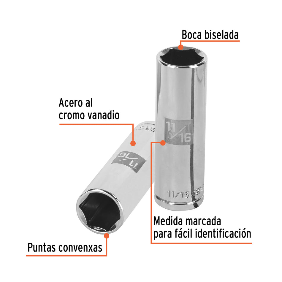 Dado largo de 11/16', 6 puntas, cuadro 1/2', Truper Caja con 6, 13328