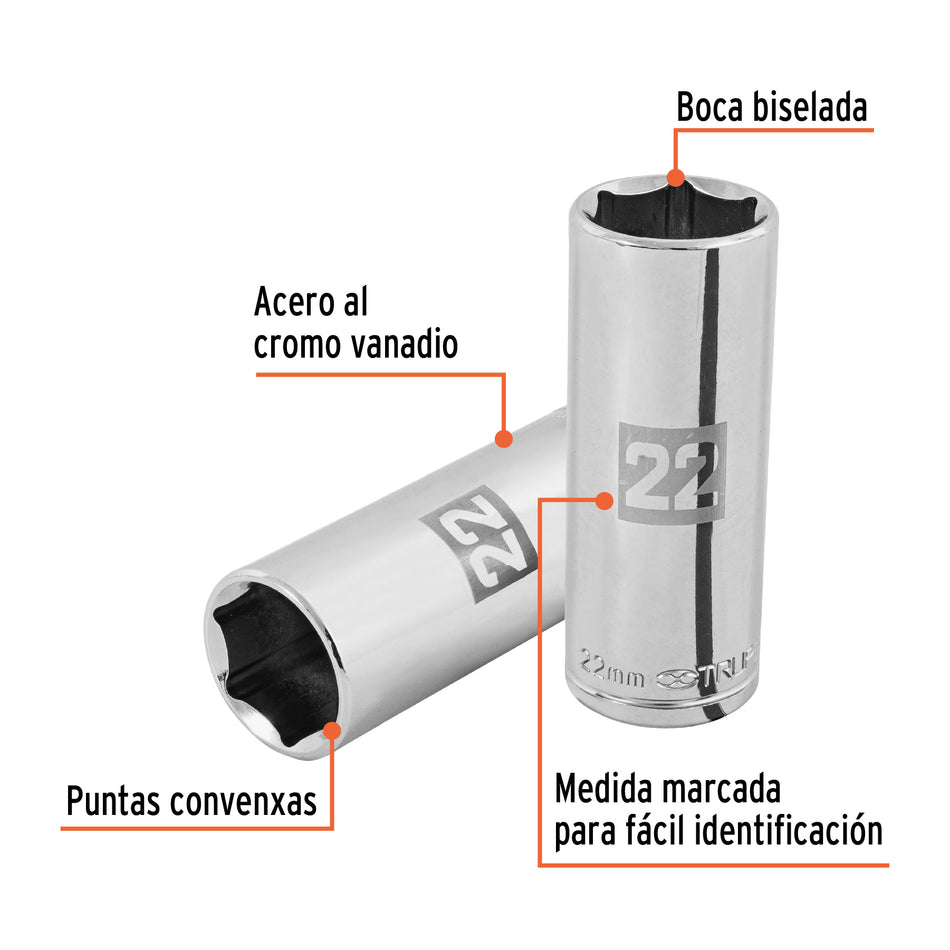 Dado largo de 22 mm, 6 puntas, cuadro 1/2', Truper Caja con 6, 101010