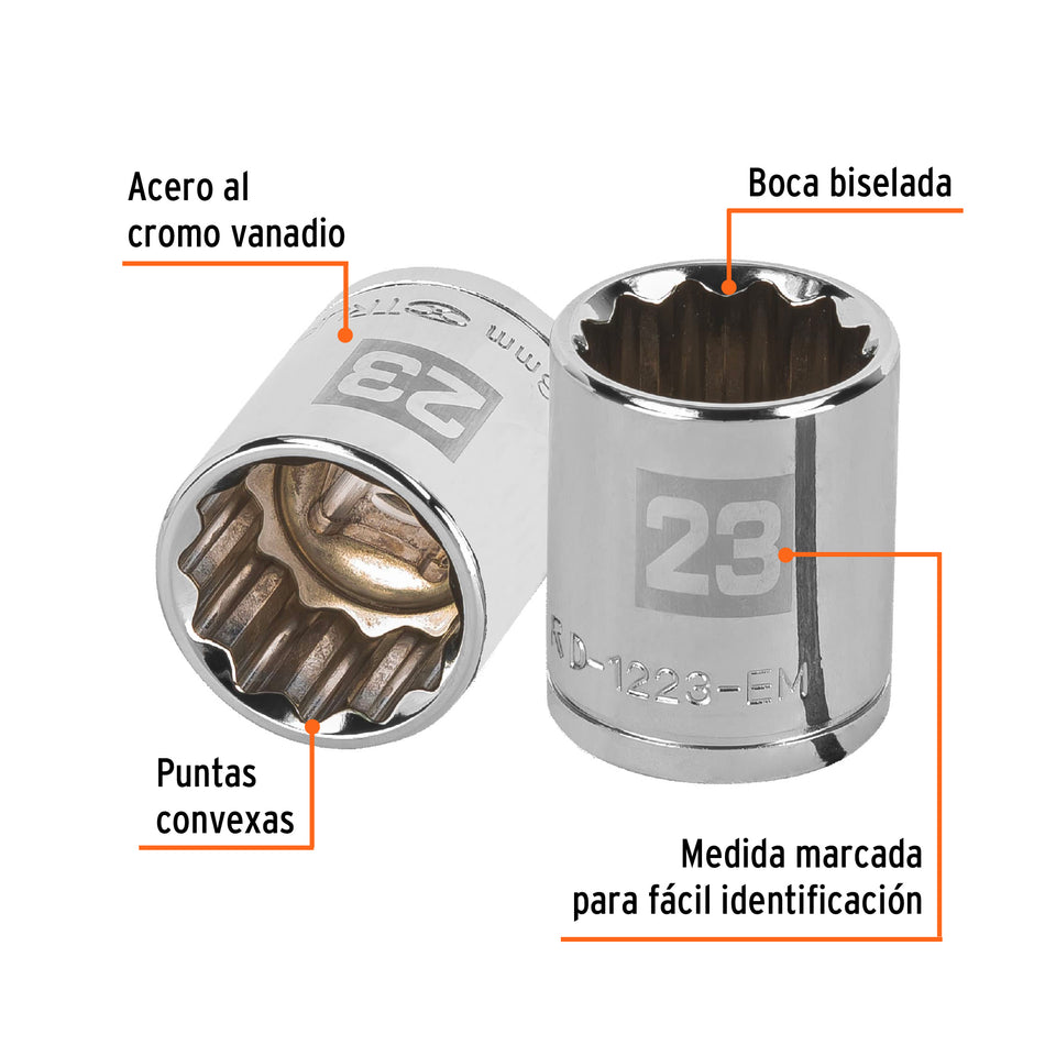 Dado de 23 mm, 12 puntas, cuadro 1/2', Truper Caja con 6, 13537