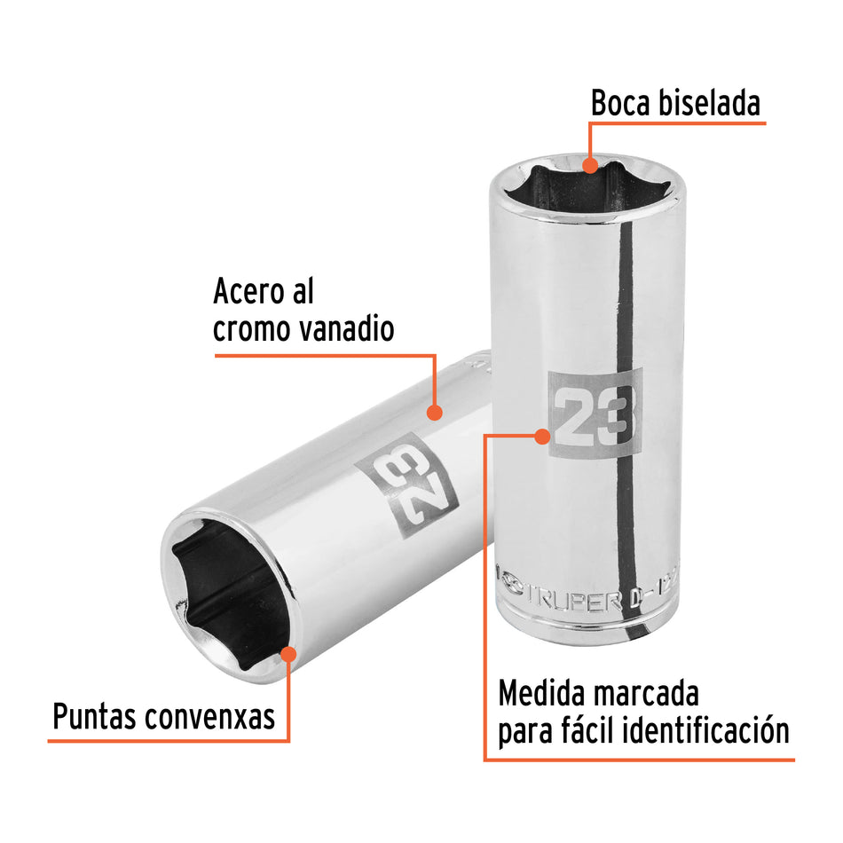 Dado largo de 23 mm, 6 puntas, cuadro 1/2', Truper Caja con 6, 101011