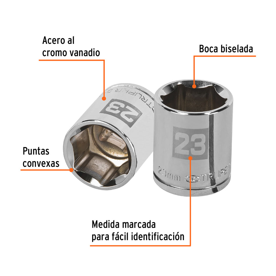 Dado de 23 mm, 6 puntas, cuadro 1/2', Truper Caja con 6, 13273