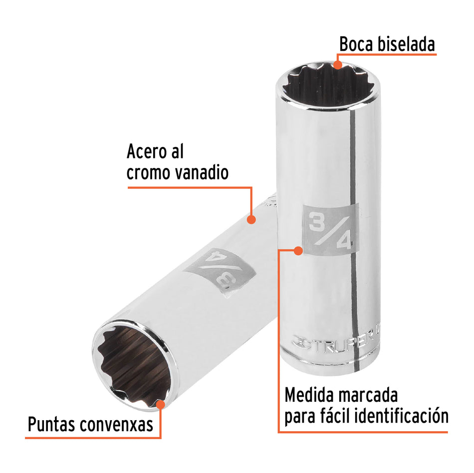 Dado largo de 3/4', 12 puntas, cuadro 1/2', Truper Caja con 6, 13364