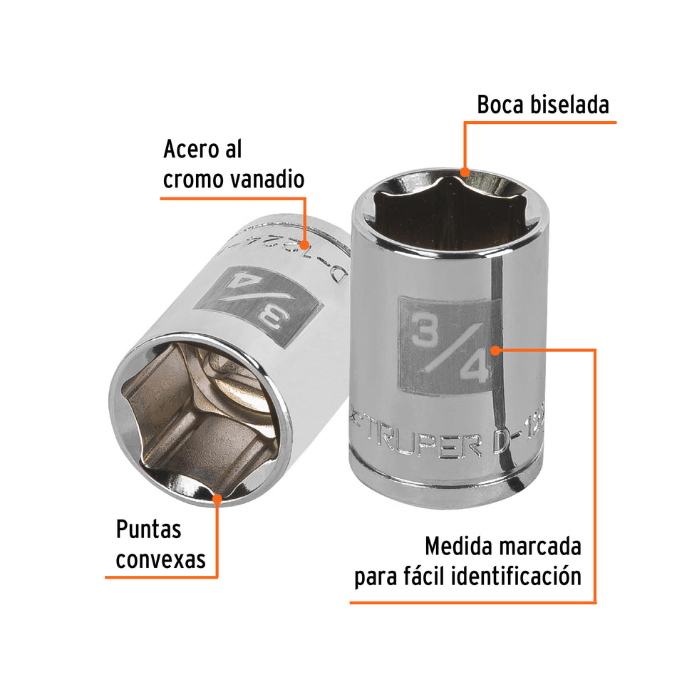 Dado de 3/4', 6 puntas, cuadro 1/2', Truper Caja con 6, 13236