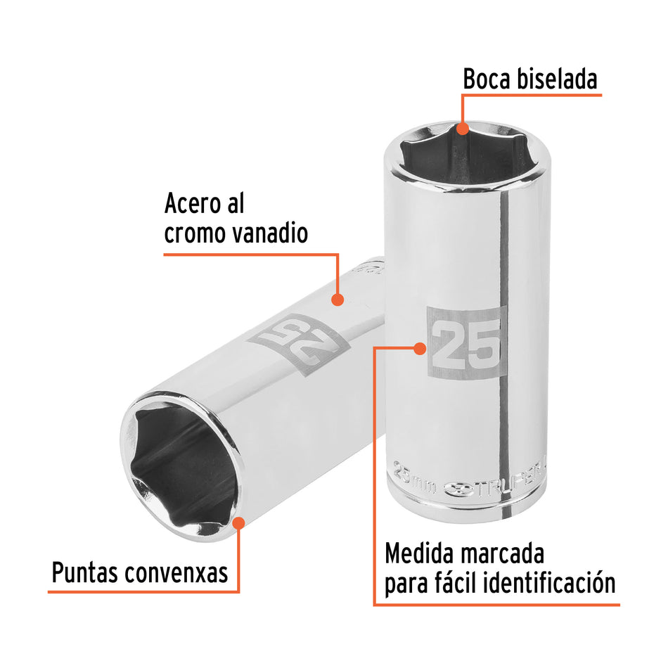 Dado largo de 25 mm, 6 puntas, cuadro 1/2', Truper Caja con 6, 101013