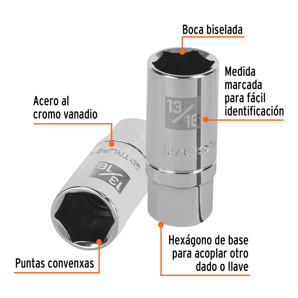 Dado largo para bujía de 13/16', 6 puntas, cuadro 1/2' Caja con 6, 13366