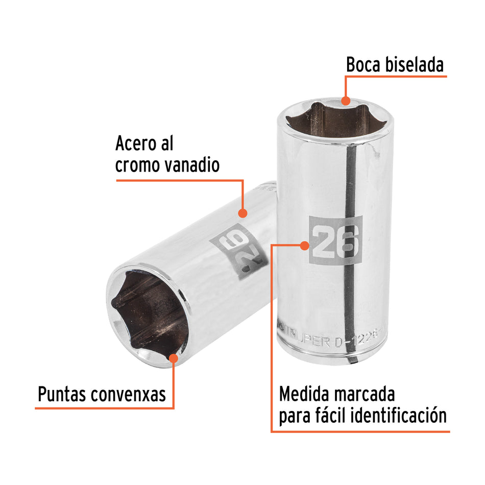 Dado largo de 26 mm, 6 puntas, cuadro 1/2', Truper Caja con 6, 101014