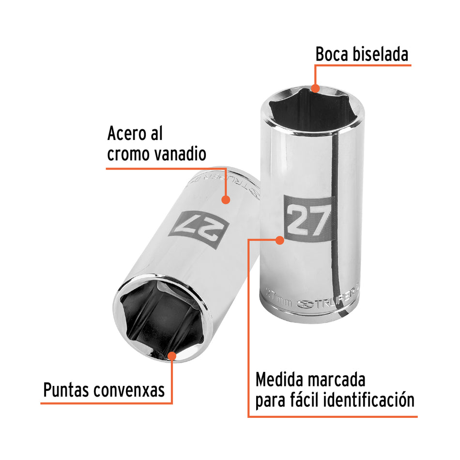 Dado largo de 27 mm, 6 puntas, cuadro 1/2', Truper Caja con 6, 101015