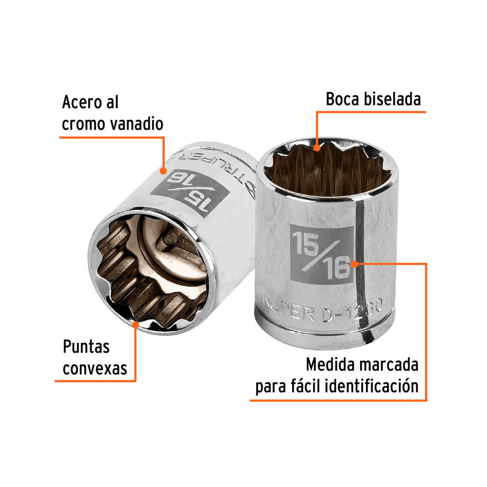 Dado de 15/16', 12 puntas, cuadro 1/2', Truper Caja con 6, 13309