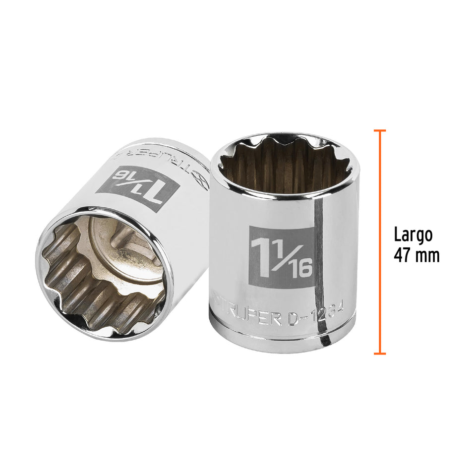 Dado de 1-1/16', 12 puntas, cuadro 1/2', Truper Caja con 6, 13311