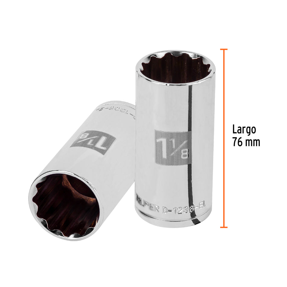 Dado largo de 1-1/8', 12 puntas, cuadro 1/2', Truper Caja con 6, 13372