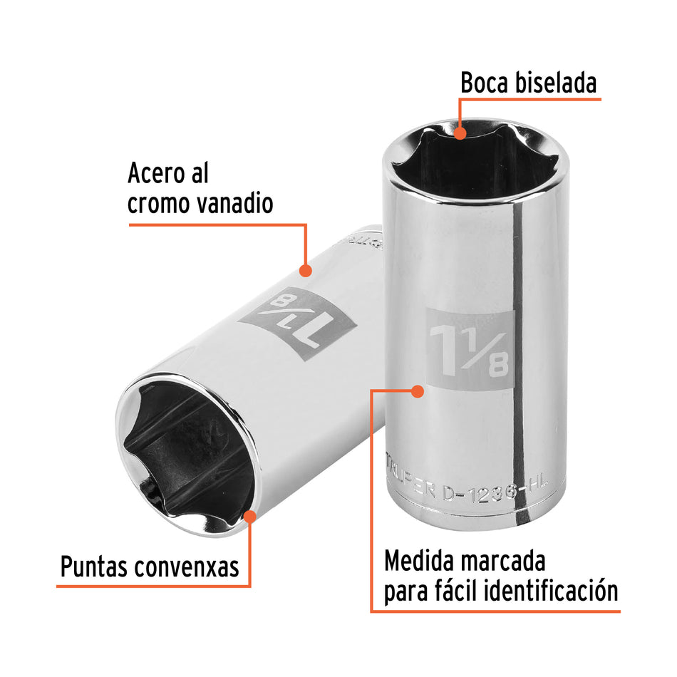 Dado largo de 1-1/8', 6 puntas, cuadro 1/2', Truper Caja con 6, 100998