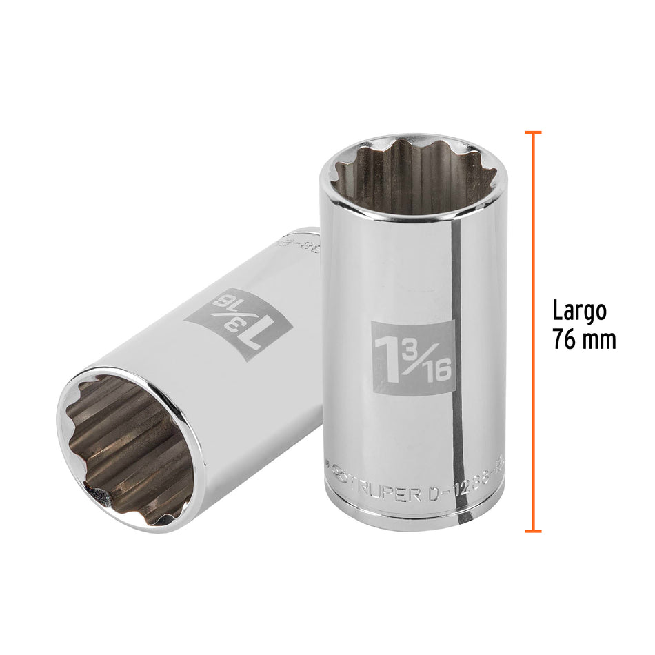 Dado largo de 1-3/16' 12 puntas, cuadro 1/2', Truper Caja con 6, 101004