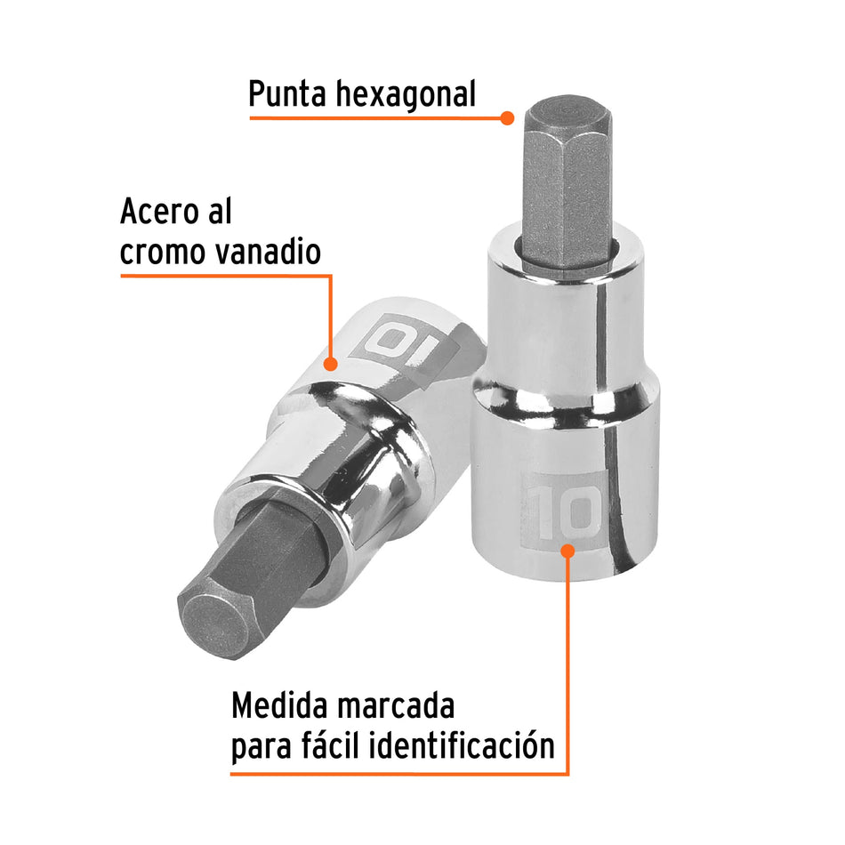 Dado punta hexagonal de 10 mm, cuadro 1/2', Truper Caja con 6, 13283
