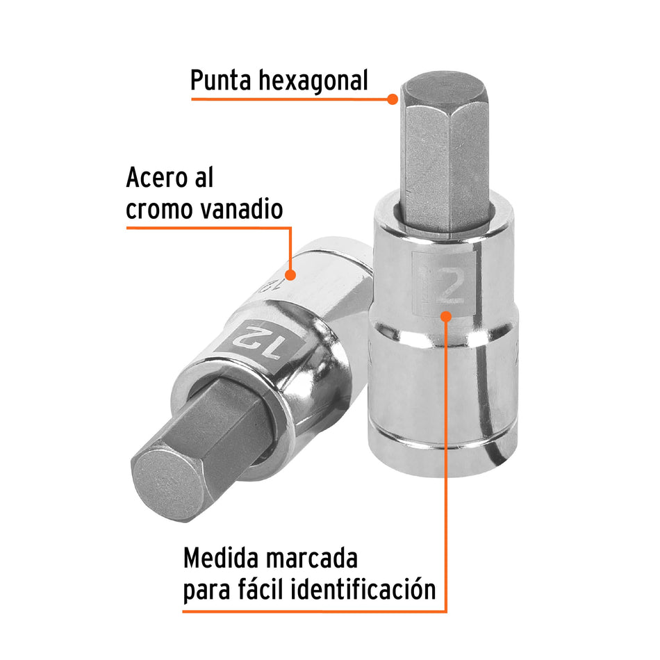 Dado punta hexagonal de 12 mm, cuadro 1/2', Truper Caja con 6, 13284