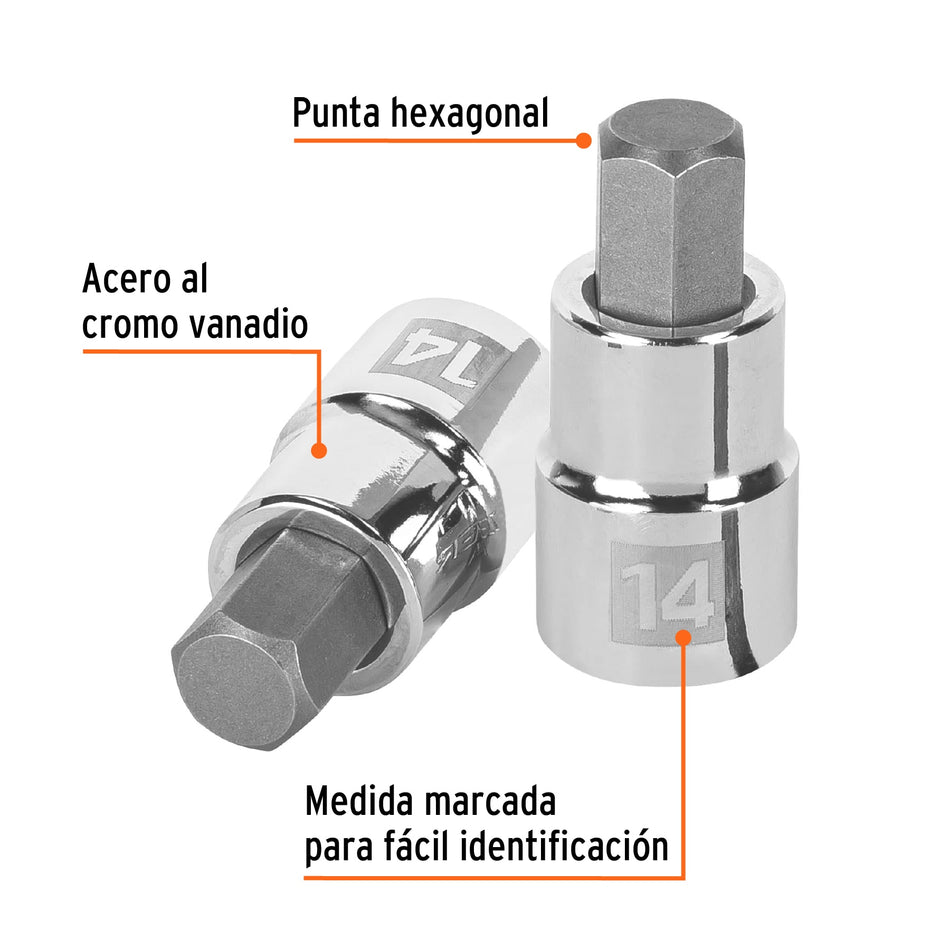 Dado punta hexagonal de 14 mm, cuadro 1/2', Truper Caja con 6, 13285